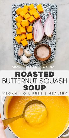 butternut squash soup in a white bowl with spoon and ingredients on the side to make roasted butternut squash soup