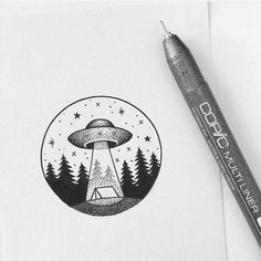 a pen and ink drawing of an alien spaceship