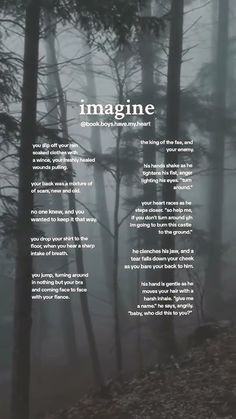 a poem written in black and white on a foggy day with trees behind it