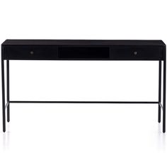 a black desk with two drawers on one side and an open drawer on the other