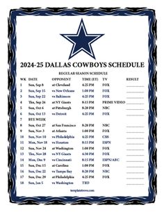 the 2013 - 25 dallas cowboys schedule is shown in black and white with blue trim