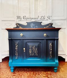 an old dresser painted blue and gold with the words my repurposed life on it