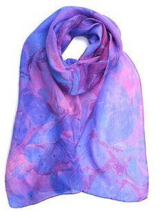 Marbled violet silk scarf, abstract pattern, blue, pink and purple. No two marbled scarves will be exactly the same, each scarf is unique. The fabric is called pongee. It's a very lightweight, soft and airy, 5mm, semi transparent, 100% silk. Hand washable in lukewarm water, the colours will never fade. 148cm x 28cm A silk scarf is perfect to wear any time during the year. As a natural fiber, it will keep you cool in the summer and warm in the cooler months. Silk makes a luxurious gift for someon Red Silk Scarf, Crinkle Scarf, Light Silk, Acrylic Fabric, Semi Transparent, Red Silk, Silk Scarves, Square Scarf, Black Silk