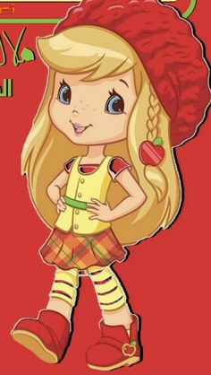 a cartoon girl with long blonde hair wearing a red hat and yellow dress, standing in front of a red background