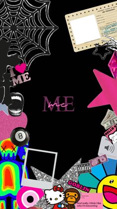 a black background with many different items on it and the word me spelled out in pink