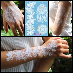 white lace tattoos on the arms and hands are shown in three different pictures, including one with