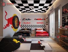 a bedroom with checkered walls and red bull decals on the ceiling is shown