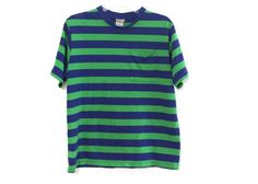 Vintage 80s tshirt striped blue green preppy pocket tee Green Preppy, Pocket Tshirt, Pocket Tee, Green And Blue, Blue Stripes