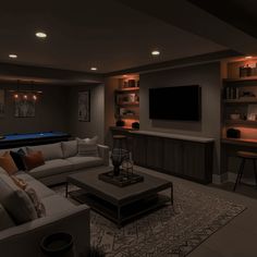 [SponsoredPost] Description: This Inviting Basement Space Boasts A Stylish Blend Of Comfort And Entertainment. The Focal Point Is A Sleek Pool Table, Surrounded By Plush Gray Sofas, A Coffee Table, And A Cozy Rug. A Modern Bar Area With A Row Of Bar Stools Adds A Touch Of Sophistication, While Built-In Bookshelves And A Tv Create A Relaxed Atmosphere Perfect For Unwinding And Socializing. #cozybasementfamilyroom