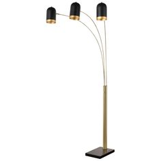 the three light floor lamp is gold and black with two lamps on each side,