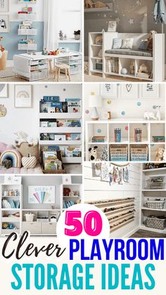 there are many different storage spaces in this room with the words 50 clever playroom storage ideas