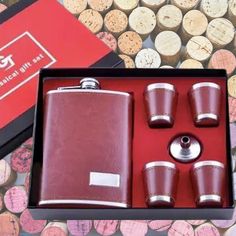 Moongrass Brown Flask Gift Set – 265ml Leather Flask, 4 Shot Glasses, Funnel Leather Flask, Flask Gift, Shot Glasses, Leather Cover, Funnel, Flask, Whiskey, Gift Set, Brown Leather