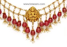 22 Karat Gold 'Lakshmi' Necklace with Pearls & Beads 
   - 235-GN3133 - in 31.650 Grams for USD $1768.19. 
Made in India by Totaram Jewelers Online this product is in Gold - 22 Karat BIS Hallmark 916 KDM Gold  & is an excellent gift for Adult - Women. Ships fully insured with secured guaranteed delivery for free with your order over $250 from New Jersey USA & comes with 30 days exchange policy. Gold Kundan Necklace With Dangling Beads For Diwali, Diwali Temple Jewelry Kundan Necklace With Dangling Beads, Temple Jewelry Bridal Necklace With Dangling Beads For Festivals, Gold Kundan Necklace With Dangling Beads, Spiritual 22k Gold Kundan Necklace For Festivals, 22k Gold Temple Necklace With Round Beads, 22k Gold Temple Necklace With Round Beads For Festivals, 22k Gold Temple Necklace With Round Beads For Wedding, Wedding Temple Necklace In 22k Gold With Round Beads