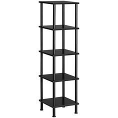 a black shelving unit with four shelves