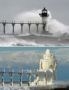 two different views of the ocean with waves crashing in front of a lighthouse and an ice covered pier