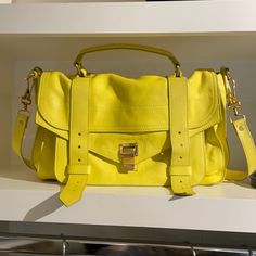 Proenza Schouler Ps M1 Medium Bag In Great Used Condition. Bright Yellow With Gold Hardware And 5 Pockets And Pouches - Great Storage. Some Wear And Markings From Use And Storage. Proenza Schouler Ps1, Proenza Schouler Bag, Medium Bag, Medium Bags, Proenza Schouler, Leather Satchel, Bright Yellow, Gold Yellow, Size 13