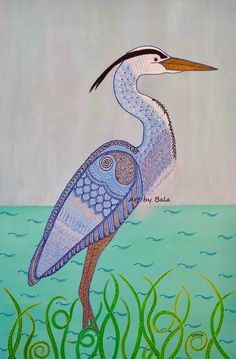 a painting of a blue heron standing in the water with green algaes around it