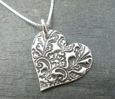 Embossed Heart Pure Silver necklace  - PMC silver on Etsy, $42.00 Precious Metal Clay Jewelry, Wax Seal Necklace, Silver Metal Clay, Silver Jewelry Diy, German Silver Jewelry, Silver Clay, Silver Jewelry Box, Cleaning Silver Jewelry, Silver Jewellery Indian