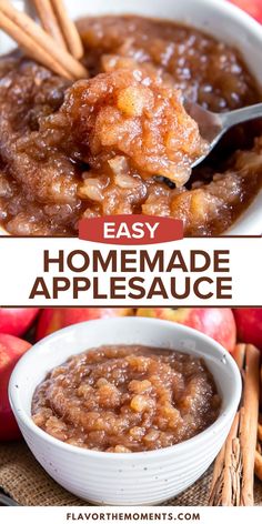 homemade apple sauce in a white bowl with cinnamon sticks