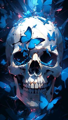 a skull with blue butterflies on its head