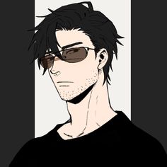 a drawing of a man with sunglasses on his head and dark hair, wearing a black t - shirt