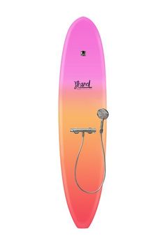 a pink and orange surfboard with a shower head