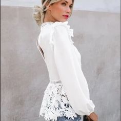 This Vintage Style Top Is A Light Material With Gorgeous Detail. This Blouse Has A Zipper Back Bohemian Gift Date Night Girls Night Wedding Birthday Hippie Flower Child Surfer Girl Wild Child Trendy Western Cowgirl Oversized Western Festival Chic Lace Top With Lantern Sleeves, White Non-stretch Party Blouse, Chic White Non-stretch Blouse, Chic Long Sleeve Wedding Tops, White Non-stretch Lace Top Blouse, White Lantern Sleeve Party Tops, Elegant Non-stretch Lace Top For Spring, Feminine Non-stretch Blouse With Ruffles, Spring Lace Trim Blouse