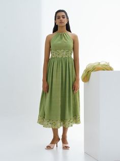 Moss Green Dress, Ireland Dress, Cotton Dresses Online, Long Gown Design, Designer Dresses Casual, Indian Fashion Designers, Frock Design, Indian Fashion Dresses, Flower Dress