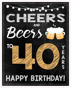 cheers and beers to 40 years happy birthday card with chalkboard lettering on black background