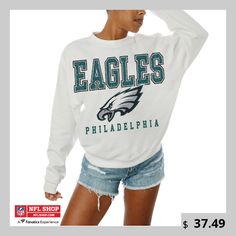 The Women's Gameday Couture White Philadelphia Eagles Sunday Drives Oversized Crewneck Pullover Sweatshirt is the perfect way to show your support for the Philadelphia Eagles. Made from a lightweight cotton and polyester blend, this oversized sweatshirt is ideal for mild conditions. The screen-printed graphics feature the Philadelphia Eagles logo and wordmark, allowing you to showcase your team spirit wherever you go. A must-have for any Philadelphia Eagles fan, this sweatshirt combines comfort, Philadelphia Eagles Gear, Eagles Sweatshirt, Philadelphia Eagles Logo, Eagles Logo, Philadelphia Eagles Fans, Gameday Couture, Nfl Philadelphia Eagles, Oversized Crewneck, Sweatshirt White