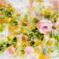 an abstract painting of pink roses and green leaves