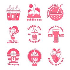 the logos for bubble tea are pink and white