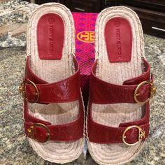 Tory Burch "Selby" Espadrille Sandals In Textured Sheep Leather. Flat Heel With Braided-Jute Trim. Open Toe. Adjustable Buckle Straps Leather Lining. Rubber Sole. 1 1/4” Heel. 1/2” Platform Size: 8m. True To Size Condition: New With Box. No Damage Red Leather Espadrilles, Spring Red Leather Espadrilles, Red Leather Espadrilles For Spring, Red Leather Round Toe Espadrilles, Red Leather Casual Espadrilles, Miller Sandal, Block Sandals, Jeweled Sandals, Tory Burch Sandals