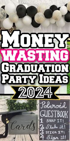 a graduation party with balloons and decorations on the table, including a sign that says money was