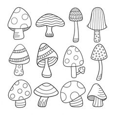 the different types of mushrooms are shown in this coloring page, which includes black and white ink