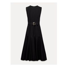 Round neck sleeveless midi dress. Adjustable belt with metal buckle. Tonal matching fabrics. A-line silhouette. Cardigan Sweater Dress, Shirt Blouses Tops, Sleeveless Midi Dress, Leather Shirt, Fabric Details, Adjustable Belt, Midi Dress Sleeveless, Blazer Dress, Belted Dress