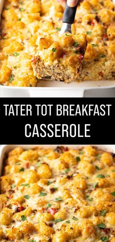 tater tot breakfast casserole in a white baking dish