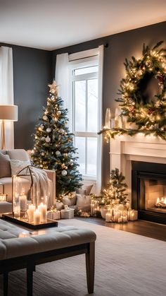 a living room decorated for christmas with lit candles