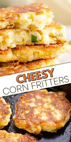 three cheesy corn fritters are stacked on top of each other