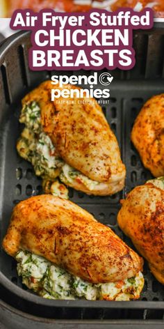 These air fryer stuffed chicken breasts are just like those served in a restaurant. Stuffed with creamy and smooth cream cheese, salty feta, and flavorful vegetables like spinach and red peppers, these breasts are so hard to resist. For added variation, wrap each breast in bacon or rub with other spices. #airfryerstuffedchickenbreasts #stuffedchickenbreasts #airfryerstuffedchickenbreastsrecipe #spendwithpennies Air Fryer Stuffed Chicken, Air Fryer Recipes Chicken Breast, Stuffed Chicken Breasts, Flavorful Vegetables, Air Fryer Recipes Chicken, Stuffed Chicken