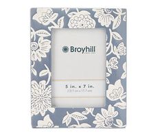 a blue and white flowered photo frame with the word broyrhill printed on it