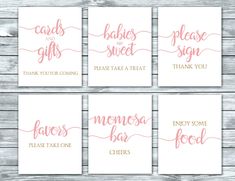 four cards with pink and gold lettering on them