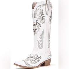 White Cowboy Boots For Women - Wide Calf Knee High Cowgirl Boots, Glitter Sparkly Rhinestone Western Country Boots With Classic Embroidery, Pointed Toe Pull On Zipper Retro Fashion Tall Boots About This Item Elegant Western Appeal: Dixhills White Cowboy Boots For Women: Step Into Timeless Style, Inviting You To Experience The Perfect Blend Of Western Charm And Modern Fashion. Chic Sparkle Cowgirl Boots: Elevate Your Outfit With These Women's Rodeo Rhinestone Boots Adorned With Rhinestone Accents White Western Boots With Low Heel, White Leather Boots With Rhinestones, White Rhinestone Boots For Fall, White Western Boots With Almond Toe, White Rhinestone Boots With Round Toe, White Low Heel Boots With Reinforced Heel, White High Heel Boots With Rhinestones, White Rhinestone High Heel Boots, Knee High Cowgirl Boots