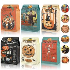 six halloween themed packaging designs with pumpkins, jack - o'- lanterns and skeletons