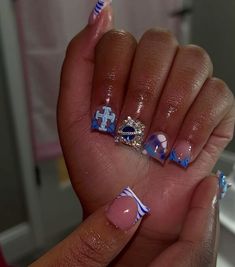 Night Themed Nails, Short Acrylic Nails Designs Blue, Blue Nauls, Blue Nails Bling, Medium Freestyle Nails, Short Dark Blue Nails, Nails For 10yrs Old, Nails For 12 Yrs Old, Blue Zebra Nails