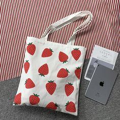 Cute Canvas Bag For Daily Use, Strawberry Print Tote Bag For Daily Use, Everyday Tote Bag With Strawberry Print, Daily Use Strawberry Print Tote Bag, Trendy Red Canvas Bag, Summer Strawberry Print Bag For Daily Use, Summer Strawberry Print Bags For Daily Use, Cute Strawberry Print Tote Bag, Trendy Rectangular Bag With Strawberry Print