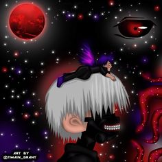 an anime character with white hair and purple eyes is in front of the red moon