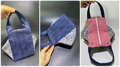 three pictures of different purses with one being held up to show the inside and outside