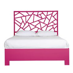 a pink bed with white sheets and pillows on top of it, against a white background