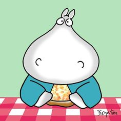 a cartoon character sitting at a table eating pizza